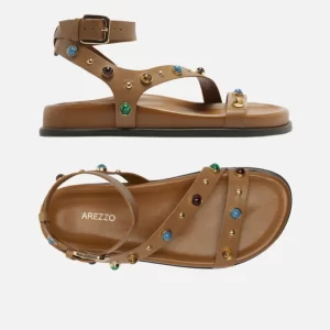 Sandália Papete Marrom Couro Tiras Pedras