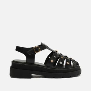 Sandália Preta Couro Tratorada Hourache Metal