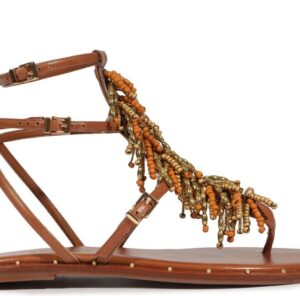 Sandália Rasteira Couro Miçangas Marrom