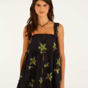 Vestido Curto Estampado Coqueiritos Preto