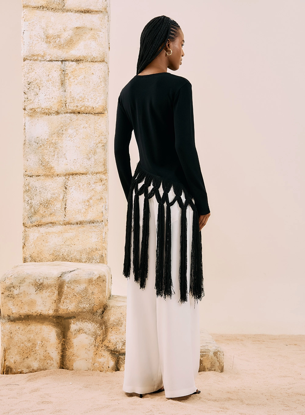 Blusa Manga Longa Assimétrica Com Franjas - Imagem 3