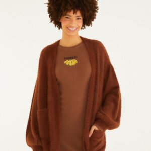 Cardigan Tricot Pelinho Com Bolso Marrom Catuai