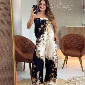 Calça Pantalona Estampada Concha Surreal