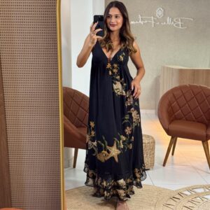 Vestido Longo Estampado Capa Concha Surreal