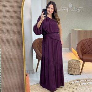 Vestido Um Ombro Só Drapeado Com Broche