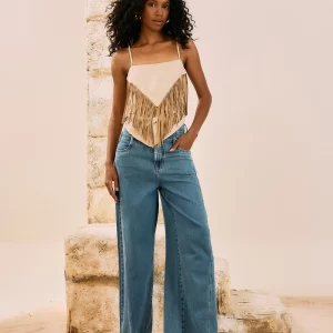 Calça Jeans Wide Leg Com Recortes