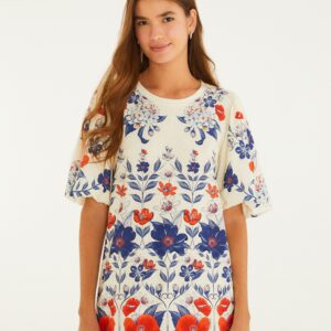 Vestido T-Shirt Manga Fofa Estampado Floral Lina