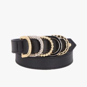 CINTO FINO EM COURO PRETO COM ARGOLAS METÁLICAS