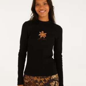 Blusa Rib Manga Longa Bordada