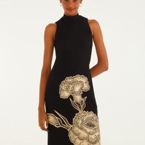 Vestido Midi Gola Alta Estampado Jardim De Cordel