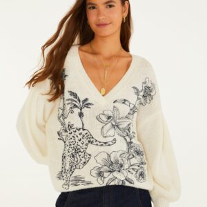 Pull Tricot Bordado Delicadeza Azul