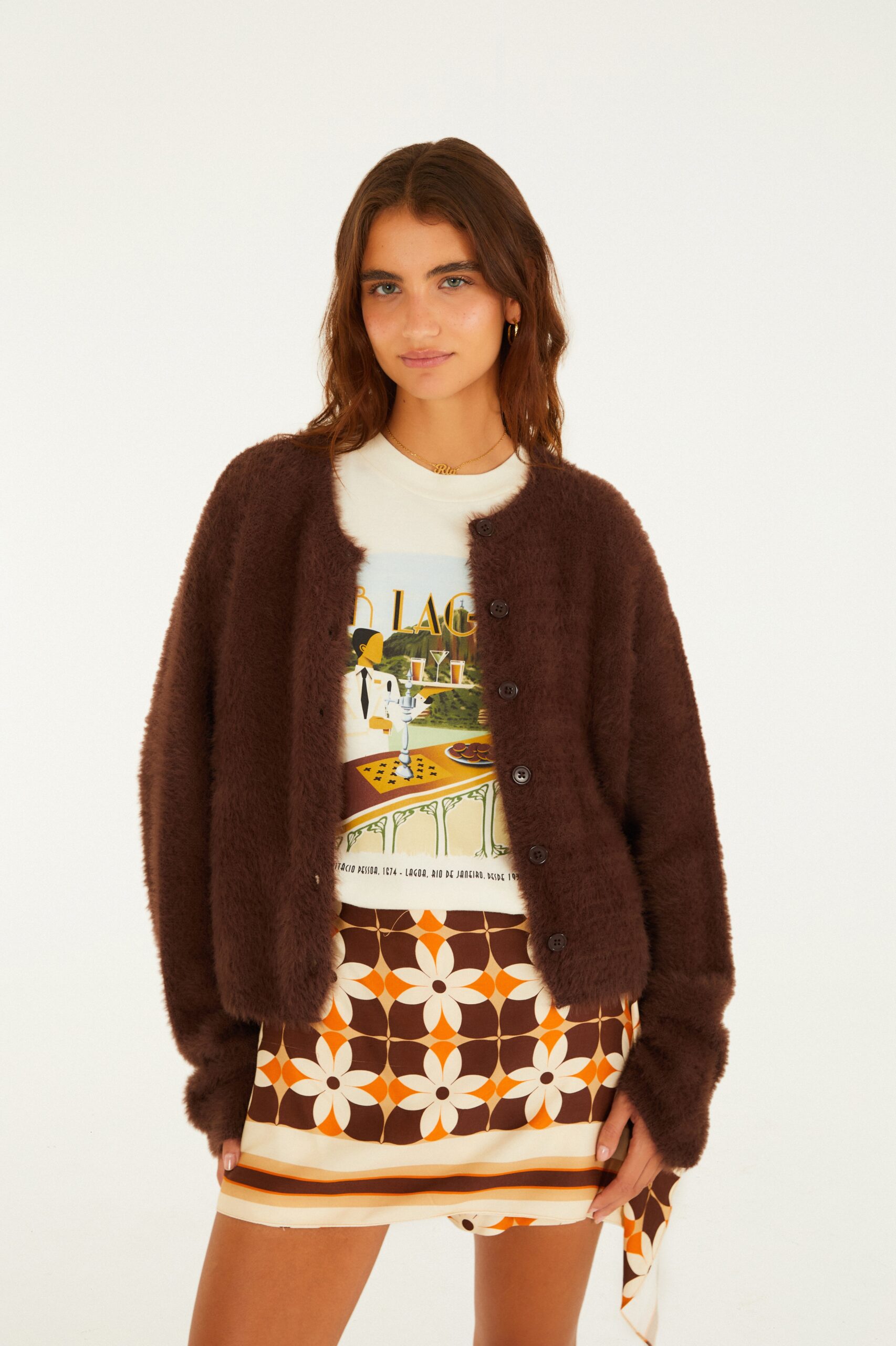 Cardigan Pelinho Tricot Básico Marrom - Imagem 3