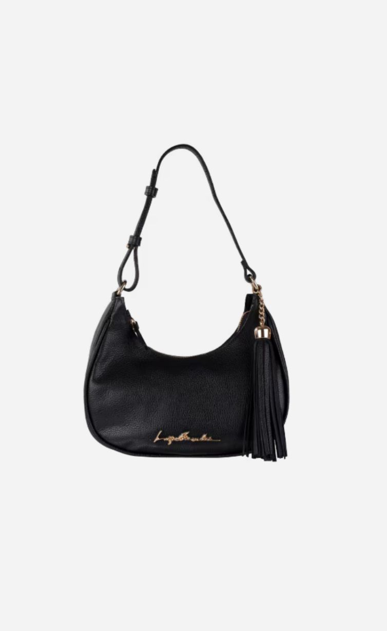 BOLSA BAGUETE MEIA LUA EM COURO PRETO PEQUENA