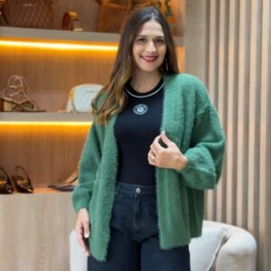 Cardigan Tricot Pelinho Com Bolso Verde