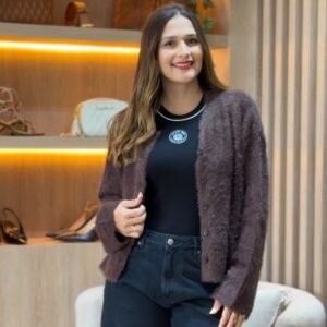 Cardigan Pelinho Tricot Básico Marrom