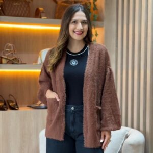 Cardigan Tricot Pelinho Com Bolso Marrom Catuai