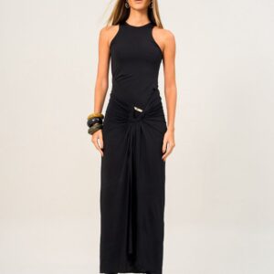 Vestido Longo Halter com Argola e Fenda Frontal