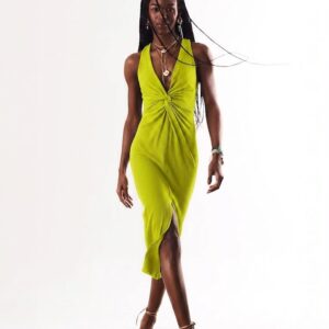 Vestido Midi Canelado Decote V Com Torção