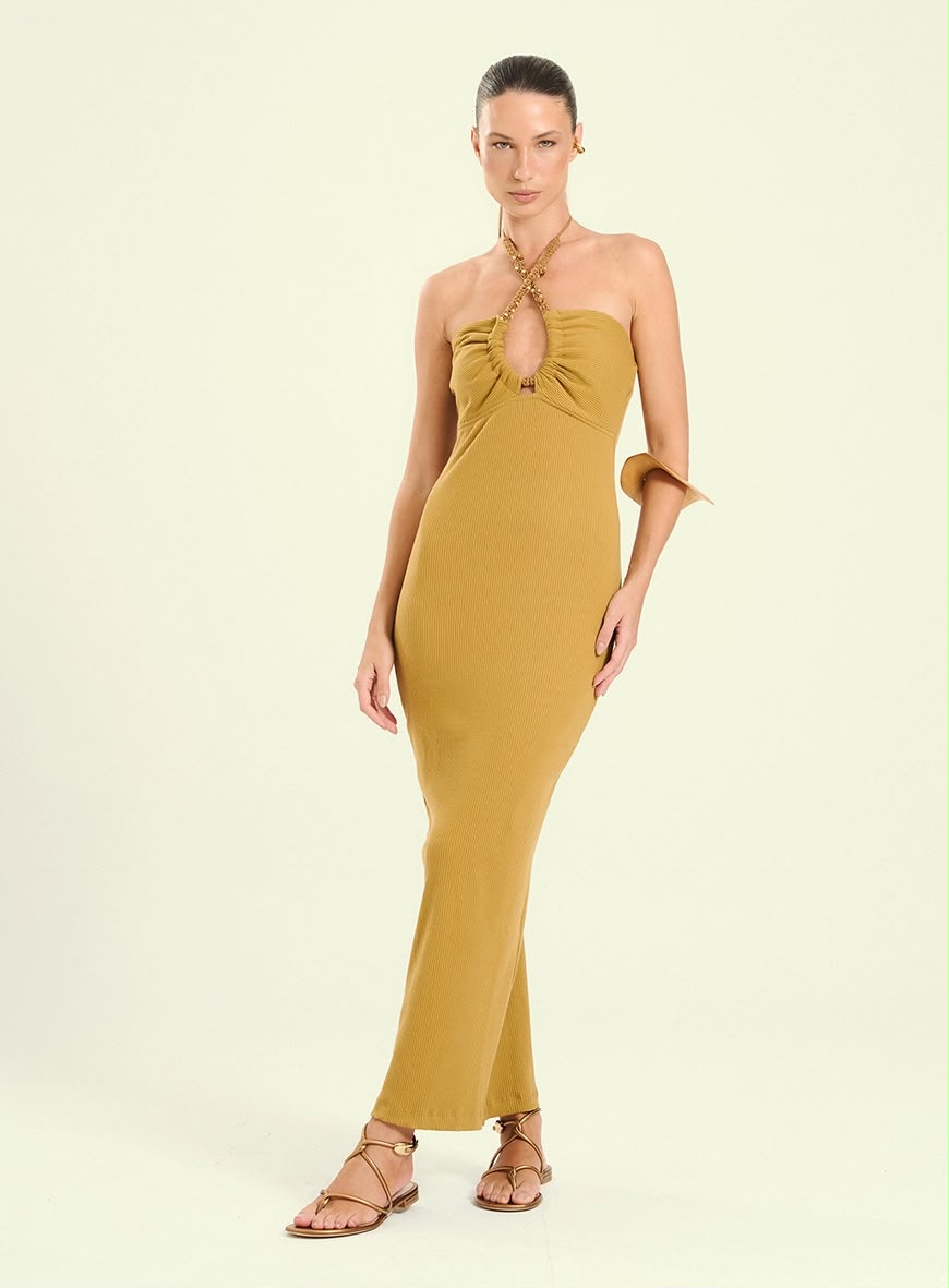 Vestido Feminino Longo Canelado Com Alça