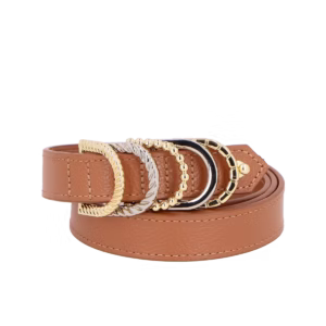 CINTO FINO EM COURO CARAMELO COM ARGOLAS METÁLICAS