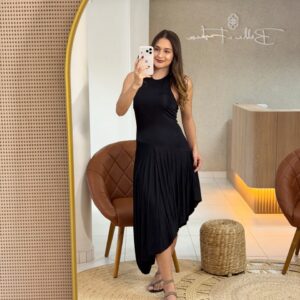 Vestido Feminino Midi Com Barra Assimetria