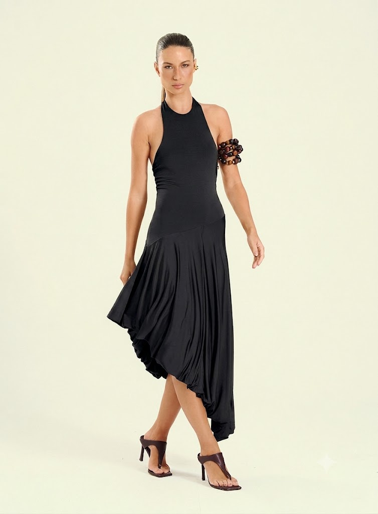 Vestido Feminino Midi Com Barra Assimetria