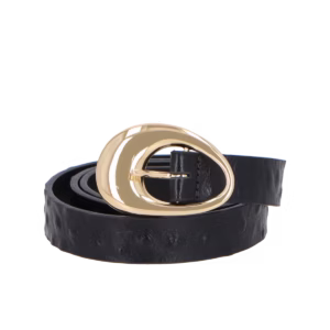 CINTO EM COURO AVESTRUZ PRETO COM FIVELA OVAL OURO