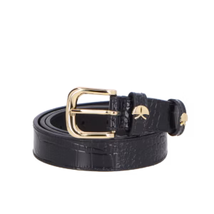 CINTO COURO CROCO PRETO COM ENFEITE METAL OURO