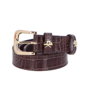 CINTO COURO CROCO MARROM COM ENFEITE METAL OURO
