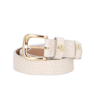 CINTO COURO CROCO OFF WHITE COM ENFEITE METAL OURO